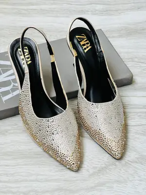 ZARA Stone Heels for Women – Rhinestone Slingback Pointed Toe Party Heels with Brand Box thumbnail 3