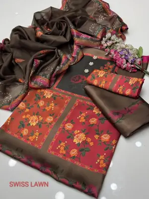Unstitched Digital Printed Swiss Lawn 3 Piece Suit for Women | Floral Printed Swiss Lawn Shirt & Trouser with Poly Silk Dupatta | Summer Lawn Collection thumbnail 2