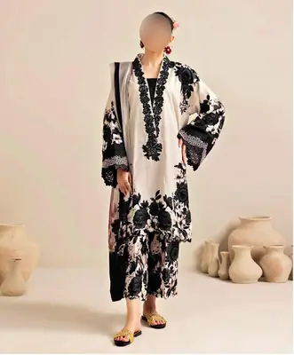 Unstitched Digital Printed Swiss Lawn 3 Piece Suit for Women | Floral Printed Swiss Lawn Shirt & Trouser with Poly Silk Dupatta | Summer Lawn Collection