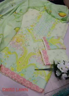 Unstitched Digital Printed Swiss Lawn 3 Piece Suit for Women | Floral Printed Swiss Lawn Shirt & Trouser with Poly Silk Dupatta | Summer Lawn Collection thumbnail 2
