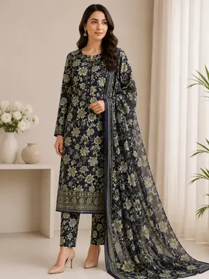 Chicken Kari Swiss Lawn 3 Piece Suit for Women | Digital Printed Lawn Dress with Aari Embroidered Chiffon Dupatta | Unstitched Summer Collection