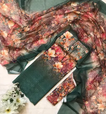 Chicken Kari Swiss Lawn 3 Piece Suit for Women | Digital Printed Lawn Dress with Aari Embroidered Chiffon Dupatta | Unstitched Summer Collection thumbnail 2