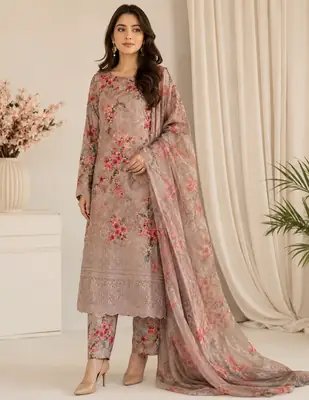 Chicken Kari Swiss Lawn 3 Piece Suit for Women | Digital Printed Lawn Dress with Aari Embroidered Chiffon Dupatta | Unstitched Summer Collection