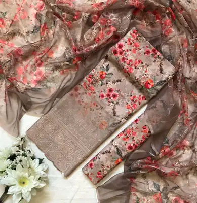 Chicken Kari Swiss Lawn 3 Piece Suit for Women | Digital Printed Lawn Dress with Aari Embroidered Chiffon Dupatta | Unstitched Summer Collection thumbnail 2