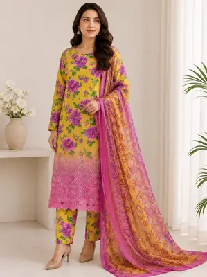 Chicken Kari Swiss Lawn 3 Piece Suit for Women | Digital Printed Lawn Dress with Aari Embroidered Chiffon Dupatta | Unstitched Summer Collection