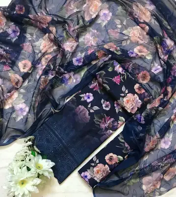 Chicken Kari Swiss Lawn 3 Piece Suit for Women | Digital Printed Lawn Dress with Aari Embroidered Chiffon Dupatta | Unstitched Summer Collection thumbnail 2