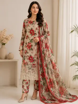Chicken Kari Swiss Lawn 3 Piece Suit for Women | Digital Printed Lawn Dress with Aari Embroidered Chiffon Dupatta | Unstitched Summer Collection