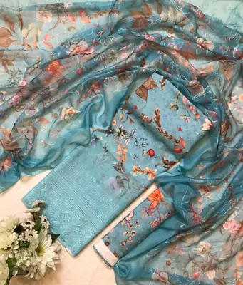 Chicken Kari Swiss Lawn 3 Piece Suit for Women | Digital Printed Lawn Dress with Aari Embroidered Chiffon Dupatta | Unstitched Summer Collection thumbnail 2