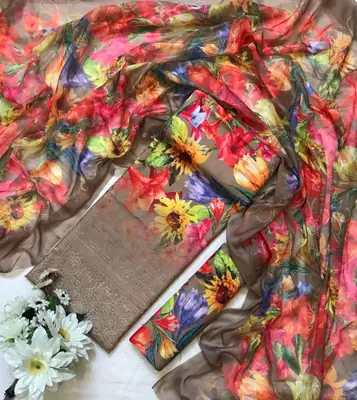 Chicken Kari Swiss Lawn 3 Piece Suit for Women | Digital Printed Lawn Dress with Aari Embroidered Chiffon Dupatta | Unstitched Summer Collection thumbnail 2