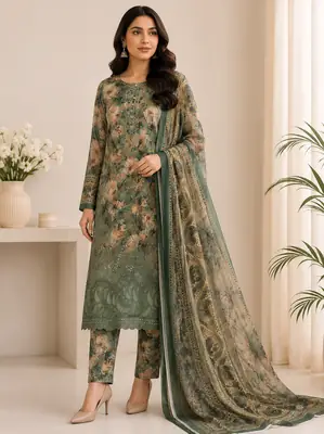 Chicken Kari Swiss Lawn 3 Piece Suit for Women | Digital Printed Lawn Dress with Aari Embroidered Chiffon Dupatta | Unstitched Summer Collection
