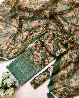 Chicken Kari Swiss Lawn 3 Piece Suit for Women | Digital Printed Lawn Dress with Aari Embroidered Chiffon Dupatta | Unstitched Summer Collection thumbnail 2