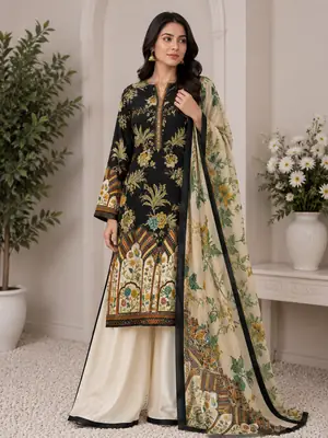 3 Piece Silky Suit for Women | Multi Shaded Digital Printed Airline Long Shirt | China Silk Dupatta | Printed Silky Trouser | Unstitched Pakistani Party Wear Dress