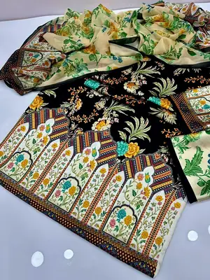 3 Piece Silky Suit for Women | Multi Shaded Digital Printed Airline Long Shirt | China Silk Dupatta | Printed Silky Trouser | Unstitched Pakistani Party Wear Dress thumbnail 2