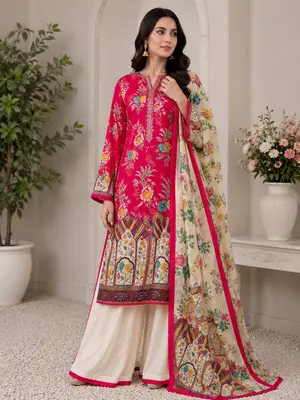 3 Piece Silky Suit for Women | Multi Shaded Digital Printed Airline Long Shirt | China Silk Dupatta | Printed Silky Trouser | Unstitched Pakistani Party Wear Dress