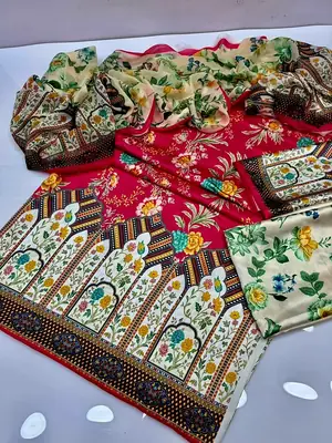 3 Piece Silky Suit for Women | Multi Shaded Digital Printed Airline Long Shirt | China Silk Dupatta | Printed Silky Trouser | Unstitched Pakistani Party Wear Dress thumbnail 2