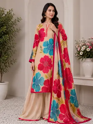 3 Piece Silky Suit for Women | Multi Shaded Digital Printed Airline Long Shirt | China Silk Dupatta | Printed Silky Trouser | Unstitched Pakistani Party Wear Dress