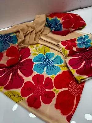 3 Piece Silky Suit for Women | Multi Shaded Digital Printed Airline Long Shirt | China Silk Dupatta | Printed Silky Trouser | Unstitched Pakistani Party Wear Dress thumbnail 2
