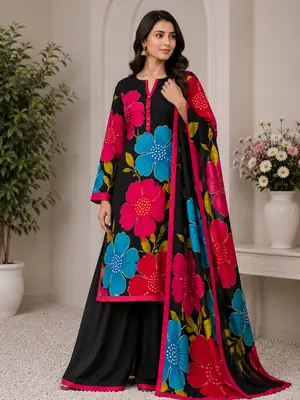 3 Piece Silky Suit for Women | Multi Shaded Digital Printed Airline Long Shirt | China Silk Dupatta | Printed Silky Trouser | Unstitched Pakistani Party Wear Dress