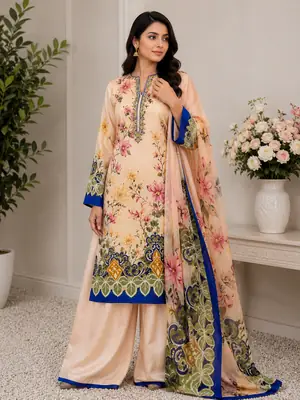 3 Piece Silky Suit for Women | Multi Shaded Digital Printed Airline Long Shirt | China Silk Dupatta | Printed Silky Trouser | Unstitched Pakistani Party Wear Dress
