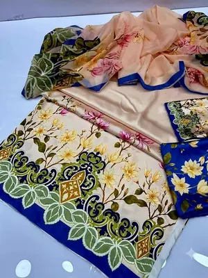 3 Piece Silky Suit for Women | Multi Shaded Digital Printed Airline Long Shirt | China Silk Dupatta | Printed Silky Trouser | Unstitched Pakistani Party Wear Dress thumbnail 2