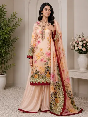 3 Piece Silky Suit for Women | Multi Shaded Digital Printed Airline Long Shirt | China Silk Dupatta | Printed Silky Trouser | Unstitched Pakistani Party Wear Dress