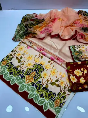 3 Piece Silky Suit for Women | Multi Shaded Digital Printed Airline Long Shirt | China Silk Dupatta | Printed Silky Trouser | Unstitched Pakistani Party Wear Dress thumbnail 2