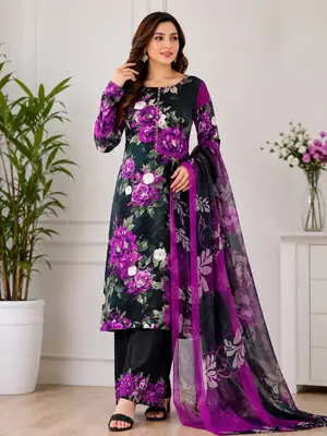 Digital Printed 3 Piece Swiss Lawn Suit for Women – Floral Print Lawn Shirt & Trouser with Original Crinkle Chiffon Dupatta | Summer Casual Dress | Pakistani Lawn Collection
