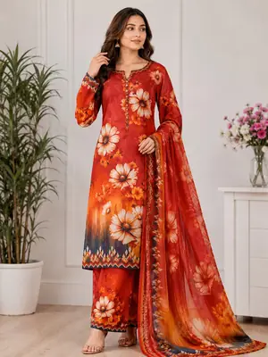 Digital Printed 3 Piece Swiss Lawn Suit for Women – Floral Print Lawn Shirt & Trouser with Original Crinkle Chiffon Dupatta | Summer Casual Dress | Pakistani Lawn Collection
