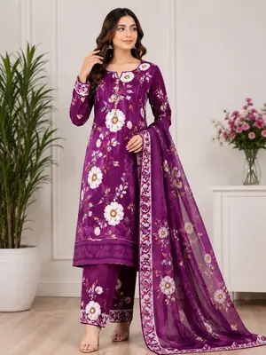 Digital Printed 3 Piece Swiss Lawn Suit for Women – Floral Print Lawn Shirt & Trouser with Original Crinkle Chiffon Dupatta | Summer Casual Dress | Pakistani Lawn Collection