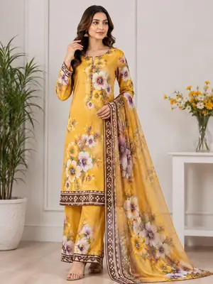 Digital Printed 3 Piece Swiss Lawn Suit for Women – Floral Print Lawn Shirt & Trouser with Original Crinkle Chiffon Dupatta | Summer Casual Dress | Pakistani Lawn Collection