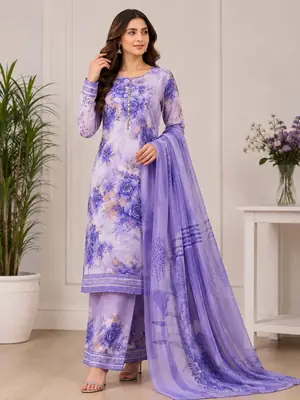 Digital Printed 3 Piece Swiss Lawn Suit for Women – Floral Print Lawn Shirt & Trouser with Original Crinkle Chiffon Dupatta | Summer Casual Dress | Pakistani Lawn Collection