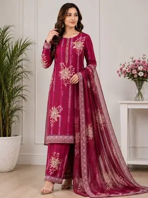 Digital Printed 3 Piece Swiss Lawn Suit for Women – Floral Print Lawn Shirt & Trouser with Original Crinkle Chiffon Dupatta | Summer Casual Dress | Pakistani Lawn Collection