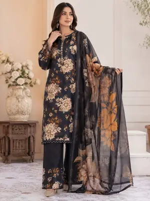 Digital Printed 3 Piece Swiss Lawn Suit for Women – Floral Print Lawn Shirt & Trouser with Original Crinkle Chiffon Dupatta | Summer Casual Dress | Pakistani Lawn Collection