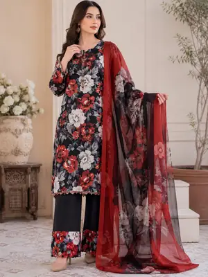 Digital Printed 3 Piece Swiss Lawn Suit for Women – Floral Print Lawn Shirt & Trouser with Original Crinkle Chiffon Dupatta | Summer Casual Dress | Pakistani Lawn Collection
