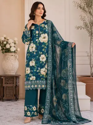 Digital Printed 3 Piece Swiss Lawn Suit for Women – Floral Print Lawn Shirt & Trouser with Original Crinkle Chiffon Dupatta | Summer Casual Dress | Pakistani Lawn Collection