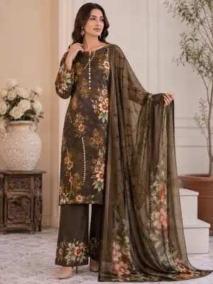 Digital Printed 3 Piece Swiss Lawn Suit for Women – Floral Print Lawn Shirt & Trouser with Original Crinkle Chiffon Dupatta | Summer Casual Dress | Pakistani Lawn Collection