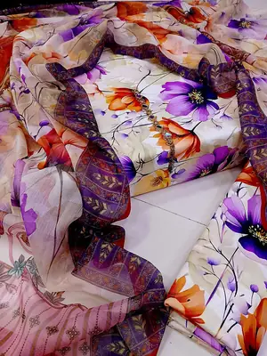 Digital Printed 3 Piece Swiss Lawn Suit for Women – Floral Print Lawn Shirt & Trouser with Original Crinkle Chiffon Dupatta | Summer Casual Dress | Pakistani Lawn Collection