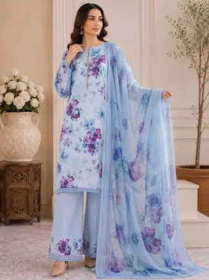 Digital Printed 3 Piece Swiss Lawn Suit for Women – Floral Print Lawn Shirt & Trouser with Original Crinkle Chiffon Dupatta | Summer Casual Dress | Pakistani Lawn Collection