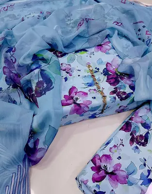 Digital Printed 3 Piece Swiss Lawn Suit for Women – Floral Print Lawn Shirt & Trouser with Original Crinkle Chiffon Dupatta | Summer Casual Dress | Pakistani Lawn Collection thumbnail 2