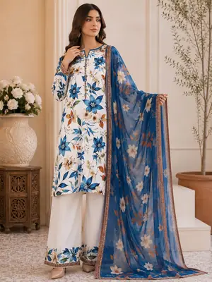 Digital Printed 3 Piece Swiss Lawn Suit for Women – Floral Print Lawn Shirt & Trouser with Original Crinkle Chiffon Dupatta | Summer Casual Dress | Pakistani Lawn Collection