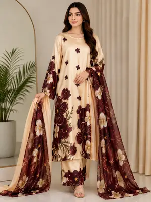 3 Pcs Women's Unstitched Digital Print Suit