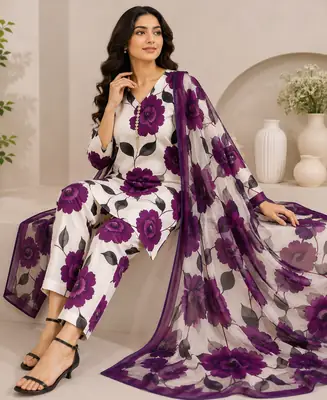 3 Piece Swiss Lawn Suit for Women - Digital Printed Lawn Dress with Crinkle Chiffon Dupatta