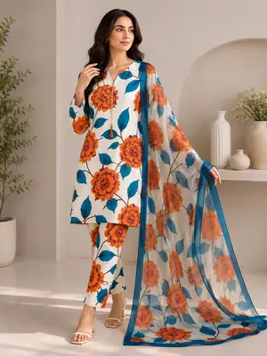 3 Piece Swiss Lawn Suit for Women - Digital Printed Lawn Dress with Crinkle Chiffon Dupatta