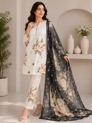3 Piece Swiss Lawn Suit for Women - Digital Printed Lawn Dress with Crinkle Chiffon Dupatta