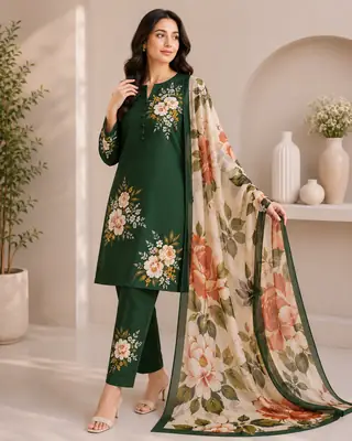 3 Piece Swiss Lawn Suit for Women - Digital Printed Lawn Dress with Crinkle Chiffon Dupatta