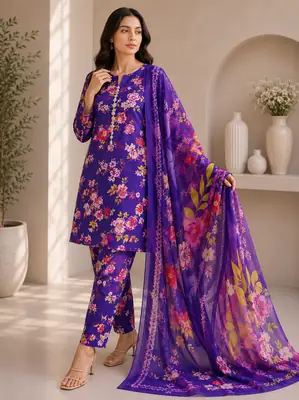 3 Piece Swiss Lawn Suit for Women - Digital Printed Lawn Dress with Crinkle Chiffon Dupatta