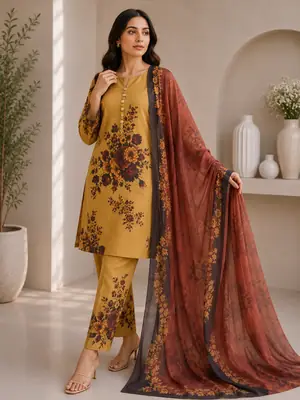 3 Piece Swiss Lawn Suit for Women - Digital Printed Lawn Dress with Crinkle Chiffon Dupatta