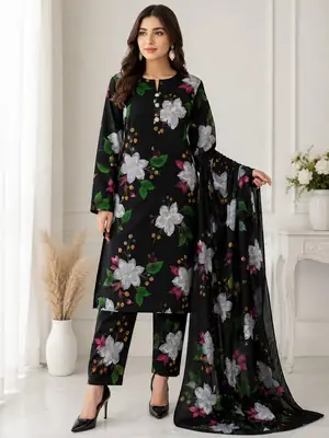 Unstitched 3 Piece Silk Suit for Women Digital Printed | Multishade Long Airline Shirt Trouser Dupatta | Ladies Silk Dress