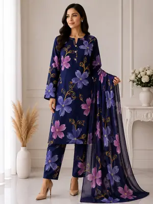 Unstitched 3 Piece Silk Suit for Women Digital Printed | Multishade Long Airline Shirt Trouser Dupatta | Ladies Silk Dress