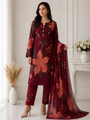 Unstitched 3 Pcs Silky Suit for Women | Digital Printed Silk Airline Long Shirt Trouser & Dupatta | Multishaded Printed Dress